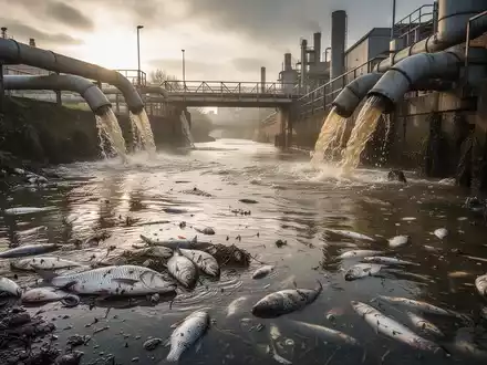 Ein verschmutzter Fluss in England mit trübem Wasser und Industrieabfällen, die ins Wasser geleitet werden. - Foto: über boerse-global.de