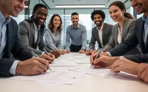 Eine Gruppe neuer Mitarbeiter unterschreibt Arbeitsverträge in einem modernen Büro, symbolisch für Neueinstellungen und Lohnpflichten. - Foto: über boerse-global.de
