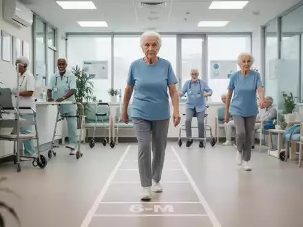 Senioren absolvieren Fitness-Tests in einer modernen Klinik, darunter einen 6-Meter-Gehtest und einfache Bewegungsübungen. - Foto: über boerse-global.de