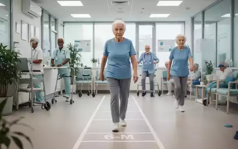 Senioren absolvieren Fitness-Tests in einer modernen Klinik, darunter einen 6-Meter-Gehtest und einfache Bewegungsübungen. - Foto: über boerse-global.de