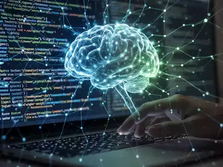 Leuchtendes neuronales Netzwerk über Codezeilen auf einem Bildschirm, symbolisiert KI-Agenten beim Portieren von Software. - Foto: über boerse-global.de