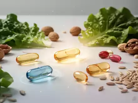 Eine stilvolle Komposition verschiedener B-Vitamine in Kapselform und natürlichen Quellen wie grünem Gemüse und Nüssen. - Foto: über boerse-global.de