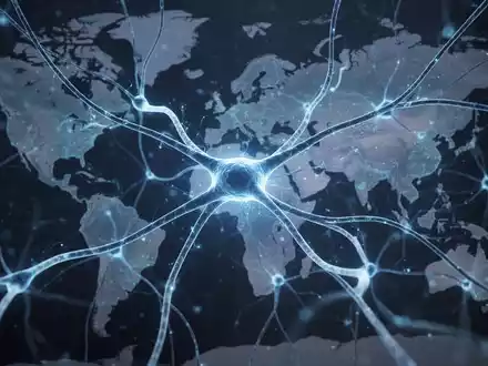 Abstraktes, leuchtendes neuronales Netz über einer Weltkarte, das die Rolle der KI in der globalen nationalen Sicherheit symbolisiert. - Foto: über boerse-global.de