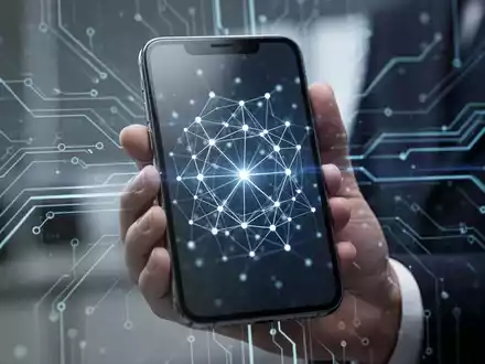 Nahaufnahme eines Smartphone-Bildschirms mit leuchtendem, komplexem Netzwerk digitaler Knoten, das fortschrittliche KI und Technologie symbolisiert. - Foto: über boerse-global.de