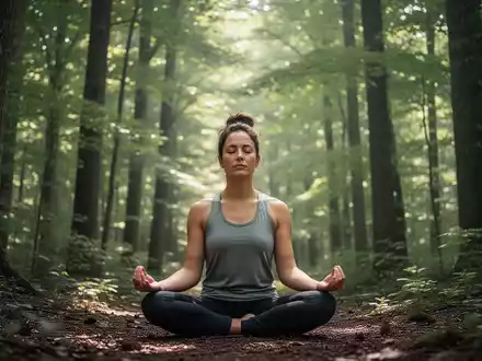 Eine Person meditiert oder atmet tief in einem ruhigen Wald, umgeben von grünen Bäumen. Symbolisiert natürliche Blutdrucksenkung. - Foto: über boerse-global.de