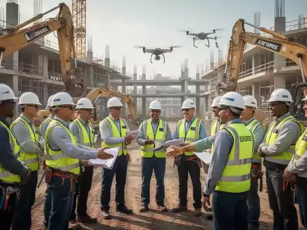 Bauarbeiter in Schutzausrüstung nehmen an einem Sicherheitstraining auf einer Baustelle teil, mit moderner Infrastruktur und einem Drone im Hintergrund. - Foto: über boerse-global.de