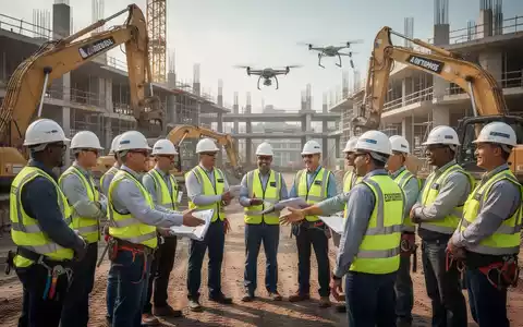 Bauarbeiter in Schutzausrüstung nehmen an einem Sicherheitstraining auf einer Baustelle teil, mit moderner Infrastruktur und einem Drone im Hintergrund. - Foto: über boerse-global.de
