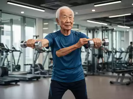 Ein würdevoller, sportlicher älterer asiatischer Mann führt eine leichte Übung mit einer Hantel in einem Fitnessstudio aus. - Foto: über boerse-global.de