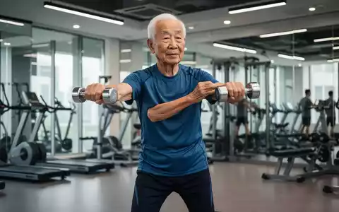 Ein würdevoller, sportlicher älterer asiatischer Mann führt eine leichte Übung mit einer Hantel in einem Fitnessstudio aus. - Foto: über boerse-global.de