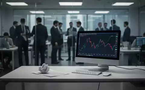 Eine Nahaufnahme eines Schreibtisches in einem modernen Büro mit einem Computer, der einen rückläufigen Finanzchart anzeigt, und einem zerknüllten Dokument. - Foto: über boerse-global.de