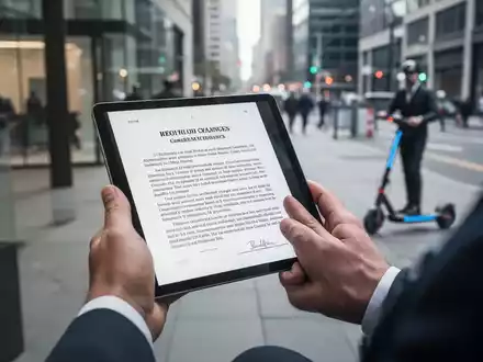 Hände halten ein Tablet mit einem juristischen Dokument, im Hintergrund verschwommen ein E-Scooter und eine Stadtlandschaft. - Foto: über boerse-global.de