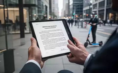 Hände halten ein Tablet mit einem juristischen Dokument, im Hintergrund verschwommen ein E-Scooter und eine Stadtlandschaft. - Foto: über boerse-global.de