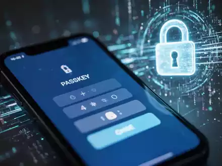 Nahaufnahme eines Smartphone-Bildschirms mit sicherem Login-Interface, abstrakte digitale Sicherheitselemente im Hintergrund. - Foto: über boerse-global.de