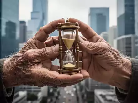 Nahaufnahme der Hände einer älteren Person, die eine Sanduhr hält, mit verschwommenem Finanzviertel im Hintergrund. - Foto: über boerse-global.de