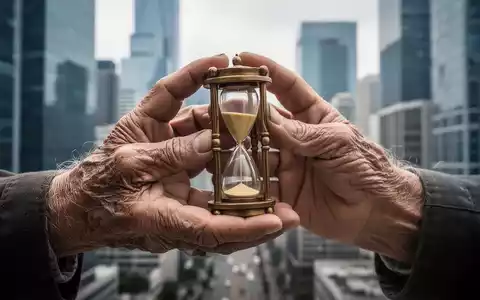 Nahaufnahme der Hände einer älteren Person, die eine Sanduhr hält, mit verschwommenem Finanzviertel im Hintergrund. - Foto: über boerse-global.de