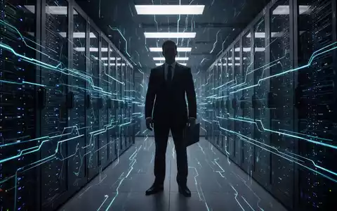 Ein Manager steht in einem Serverraum, umgeben von leuchtenden Datenströmen, die Cybersicherheitsrisiken und persönliche Haftung symbolisieren. - Foto: über boerse-global.de