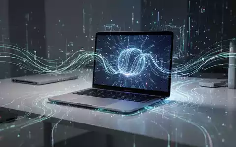 Schlankes, modernes MacBook Air M1 auf minimalistischem Schreibtisch, umgeben von abstrakten digitalen Linien, die Datenfluss und Langlebigkeit darstellen. - Foto: über boerse-global.de