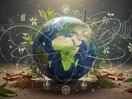 Eine stilisierte Weltkugel mit hervorgehobener Indienkarte, umgeben von Ayurveda-Kräutern und abstrakten Linien, die globale Expansion und Regulierung darstellen. - Foto: über boerse-global.de