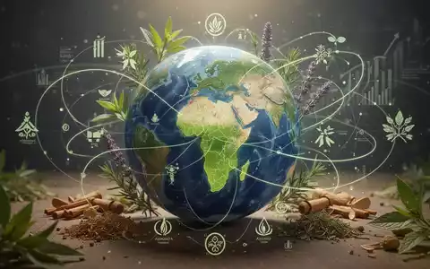 Eine stilisierte Weltkugel mit hervorgehobener Indienkarte, umgeben von Ayurveda-Kräutern und abstrakten Linien, die globale Expansion und Regulierung darstellen. - Foto: über boerse-global.de