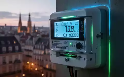 Intelligenter Stromzähler mit Digitalanzeige von Energiedaten vor verschwommener europäischer Stadtsilhouette in der Dämmerung. - Foto: über boerse-global.de