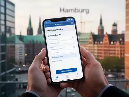 Smartphone mit digitalem Wohngeldantrag in Händen, unscharfer Hintergrund moderner Hamburger Stadtarchitektur. - Foto: über boerse-global.de
