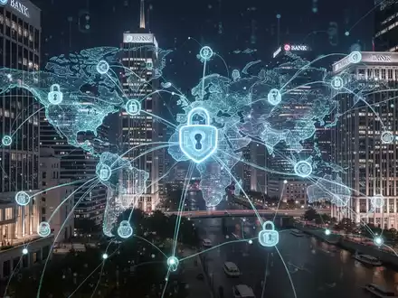 Abstraktes globales Finanznetzwerk mit leuchtenden Linien, die stilisierte Bankgebäude verbinden, symbolisiert Blockchain und sichere grenzüberschreitende Transaktionen. - Foto: über boerse-global.de