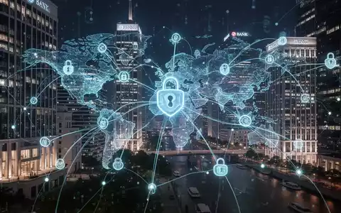Abstraktes globales Finanznetzwerk mit leuchtenden Linien, die stilisierte Bankgebäude verbinden, symbolisiert Blockchain und sichere grenzüberschreitende Transaktionen. - Foto: über boerse-global.de