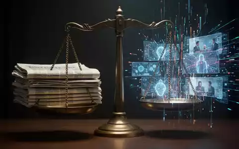 Digitale Waage balanciert traditionelle Zeitungen gegen abstrakte Datenströme und KI-Videobilder, symbolisiert Rechtskonflikt um KI und Urheberrecht. - Foto: über boerse-global.de