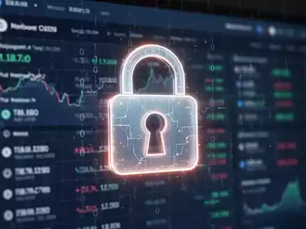 Ein stilisiertes, leuchtendes Vorhängeschloss-Symbol über einer verschwommenen Kryptowährungs-Börsenoberfläche, mit binärem Code. - Foto: über boerse-global.de