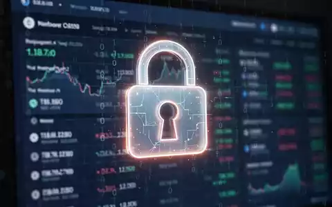 Ein stilisiertes, leuchtendes Vorhängeschloss-Symbol über einer verschwommenen Kryptowährungs-Börsenoberfläche, mit binärem Code. - Foto: über boerse-global.de