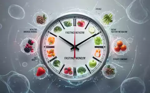 Eine stilisierte Uhr mit Zeigern, die ein Fastenfenster anzeigen, umgeben von Elementen, die Gewichtsverlust und Stoffwechsel symbolisieren. - Foto: über boerse-global.de