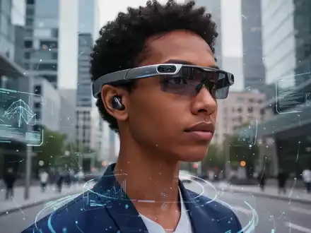 Person mit futuristischem Smart-Wearable mit integrierten Dual-Kameras, das moderne Stadtumgebung mit KI-gestützten visuellen Hinweisen reflektiert. - Foto: über boerse-global.de
