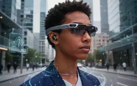 Person mit futuristischem Smart-Wearable mit integrierten Dual-Kameras, das moderne Stadtumgebung mit KI-gestützten visuellen Hinweisen reflektiert. - Foto: über boerse-global.de