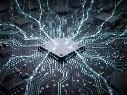 Leuchtendes, abstraktes neuronales Netzwerk-Muster über einem detaillierten, futuristischen Schaltkreis, symbolisiert KI-Hardware-Effizienz. - Foto: über boerse-global.de
