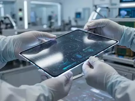 Techniker in Reinraum behandelt glĂŒhendes AMOLED-Display, unscharfe Hightech-Fertigungsanlagen im Hintergrund. - Foto: ĂŒber boerse-global.de