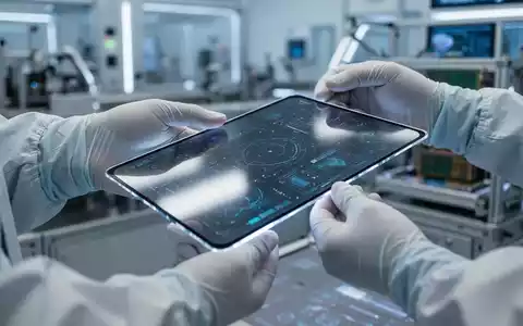 Techniker in Reinraum behandelt glühendes AMOLED-Display, unscharfe Hightech-Fertigungsanlagen im Hintergrund. - Foto: über boerse-global.de