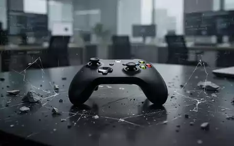 Xbox-Controller auf dunkler Oberfläche zwischen digitalen Trümmern, symbolisiert Entlassungen und Umstrukturierung in der Gaming-Sparte. - Foto: über boerse-global.de