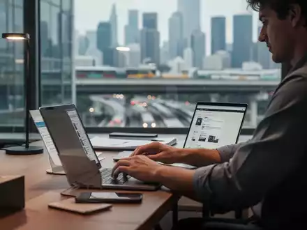 Eine Person arbeitet an einem Laptop in einem modernen Heimbüro mit verschwommenem Stadtbild im Hintergrund. - Foto: über boerse-global.de