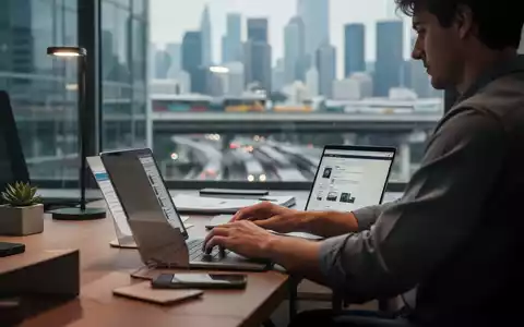 Eine Person arbeitet an einem Laptop in einem modernen Heimbüro mit verschwommenem Stadtbild im Hintergrund. - Foto: über boerse-global.de
