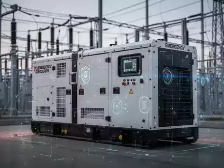 Ein moderner, robuster Notstromgenerator in einer sicheren Industrieumgebung mit angedeuteten digitalen Sicherheitselementen. - Foto: über boerse-global.de
