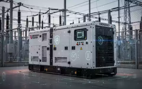 Ein moderner, robuster Notstromgenerator in einer sicheren Industrieumgebung mit angedeuteten digitalen Sicherheitselementen. - Foto: über boerse-global.de