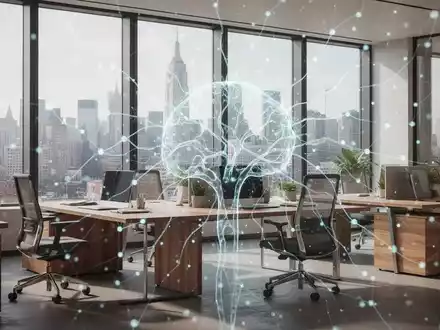 Ein modernes Büro mit Holzelementen, großen Fenstern und einer subtilen Darstellung eines KI-Netzwerks, das Technologie und Nachhaltigkeit verbindet. - Foto: über boerse-global.de