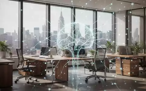 Ein modernes Büro mit Holzelementen, großen Fenstern und einer subtilen Darstellung eines KI-Netzwerks, das Technologie und Nachhaltigkeit verbindet. - Foto: über boerse-global.de