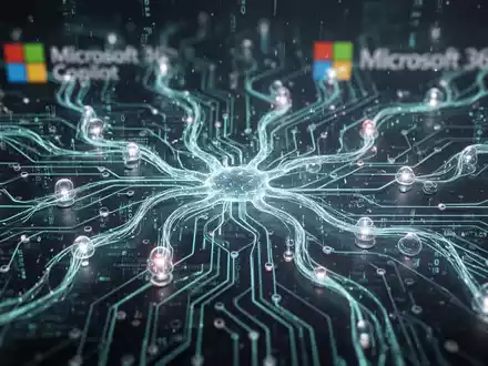 Leuchtendes, komplexes neuronales Netz mit Datenströmen, das die KI-Integration in Microsoft 365 Copilot zur Fehlerreduktion symbolisiert. - Foto: über boerse-global.de
