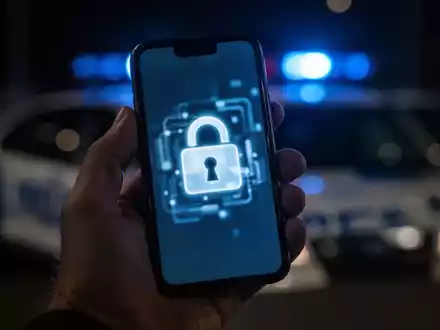 Eine Hand hält ein Smartphone, dessen Bildschirm eine verschwommene digitale Sicherheitswarnung zeigt, mit Polizeilichtern im Hintergrund. - Foto: über boerse-global.de