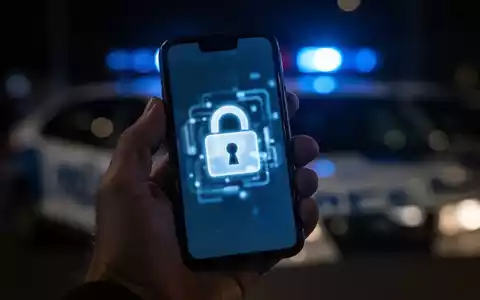 Eine Hand hält ein Smartphone, dessen Bildschirm eine verschwommene digitale Sicherheitswarnung zeigt, mit Polizeilichtern im Hintergrund. - Foto: über boerse-global.de