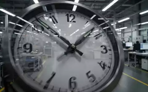 Nahaufnahme einer sich schnell bewegenden Uhr, die die Beschleunigung der Arbeitszeiten symbolisiert, mit einem unscharfen Fabrik- oder Bürohintergrund. - Foto: über boerse-global.de