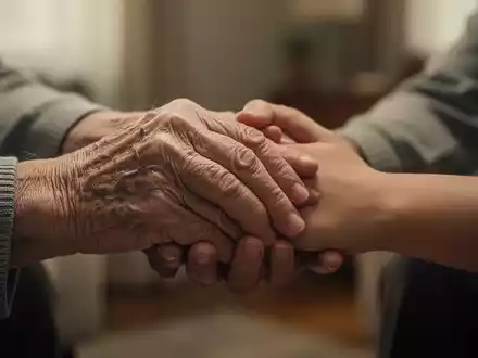 Eine ältere, leicht zitternde Hand ruht sanft auf der Hand einer jüngeren Person, symbolisierend Pflege und Demenz. Fokus auf die Hände. - Foto: über boerse-global.de