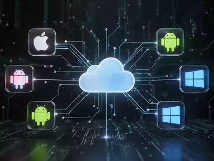 Glühende Linien verbinden abstrakte Symbole für iOS, Android und Windows um eine zentrale Cloud, symbolisiert plattformübergreifende Integration. - Foto: über boerse-global.de