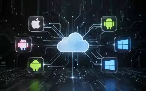 Glühende Linien verbinden abstrakte Symbole für iOS, Android und Windows um eine zentrale Cloud, symbolisiert plattformübergreifende Integration. - Foto: über boerse-global.de